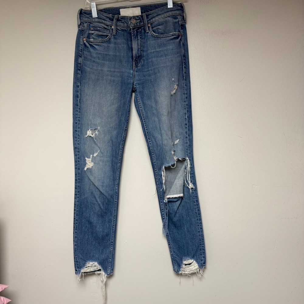 Mother The Flirt Jeans Womens 24 Blue Good‎ Distressed High Rise Straight Leg